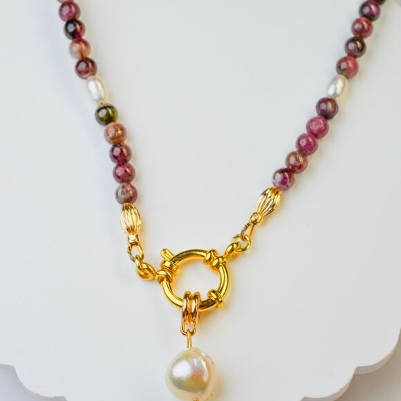 Tourmaline & Edison Pearl Pendant Necklace 20" - Picture 5 of 7